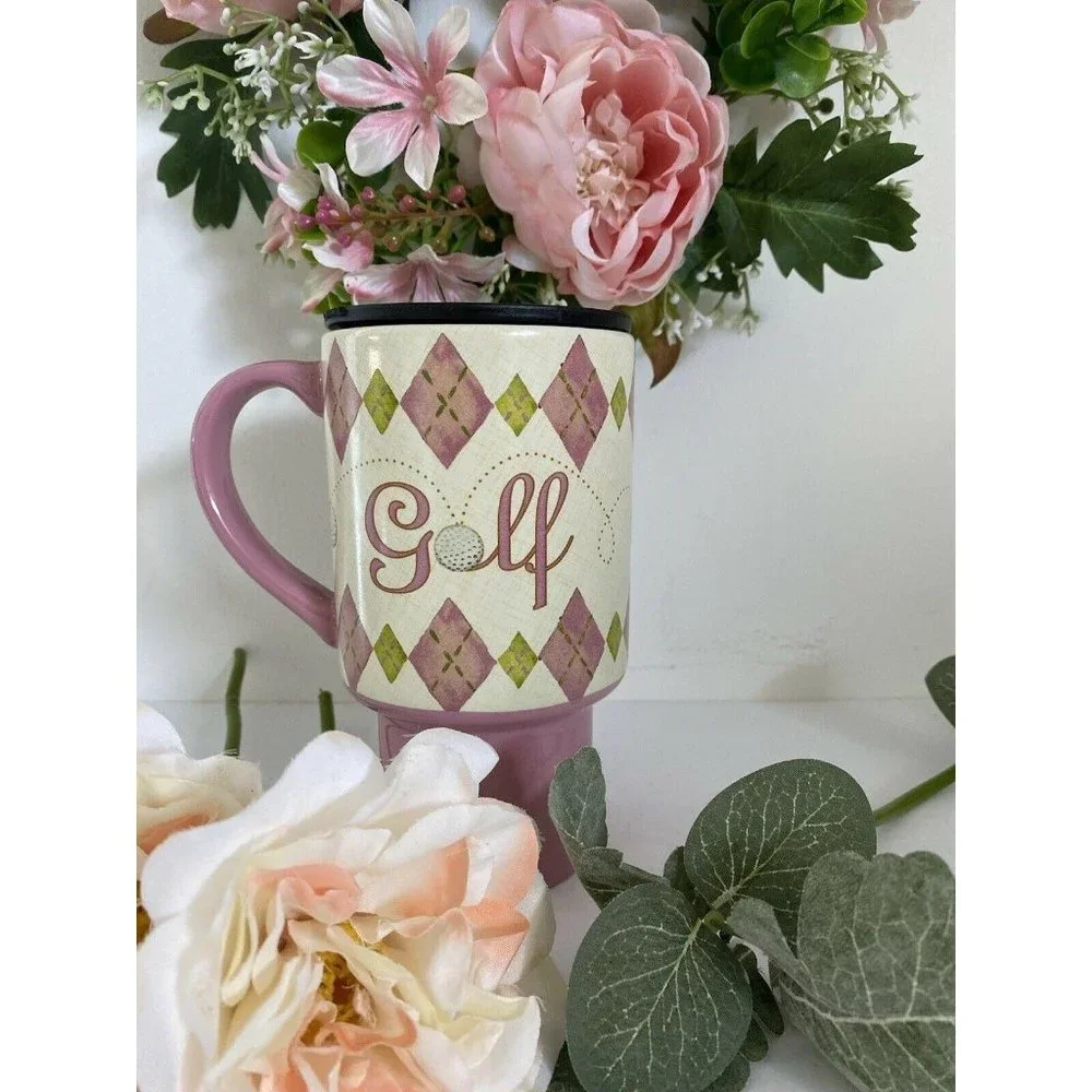Lang Golf Travel Mug Pink‎ Argyle Ceramic Lid Golf